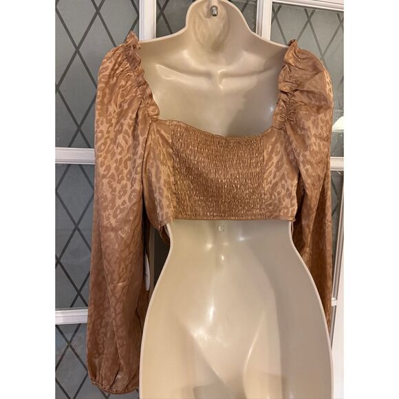 Milk & Honey Satin Corset Top Womens XL Long Sleeve Leopard Print Smocked Blouse - Picture 3 of 7